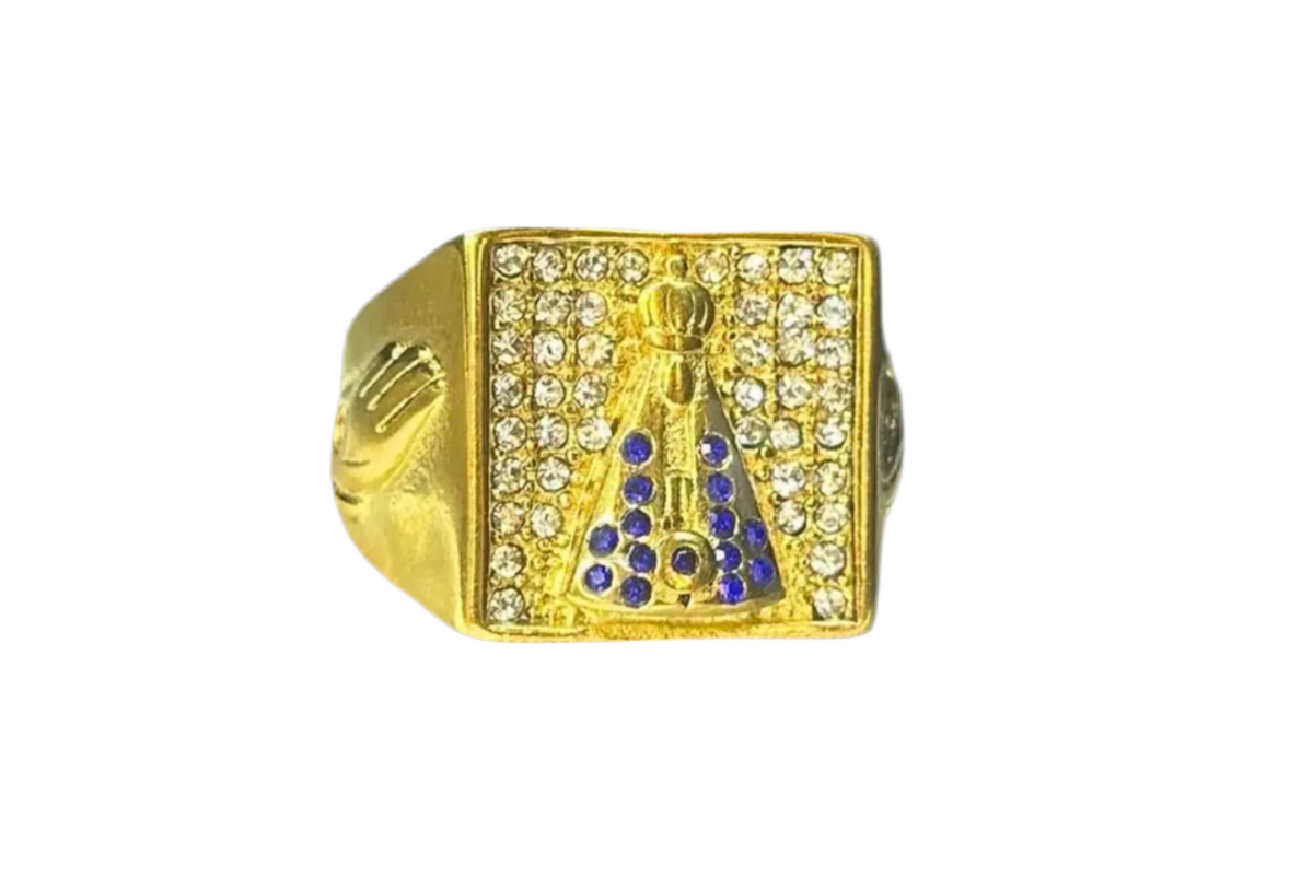 Anel Masculino Dourado Aparecida Com Strass Azul no Meio