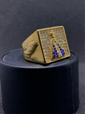 Anel Masculino Dourado Aparecida Com Strass Azul no Meio